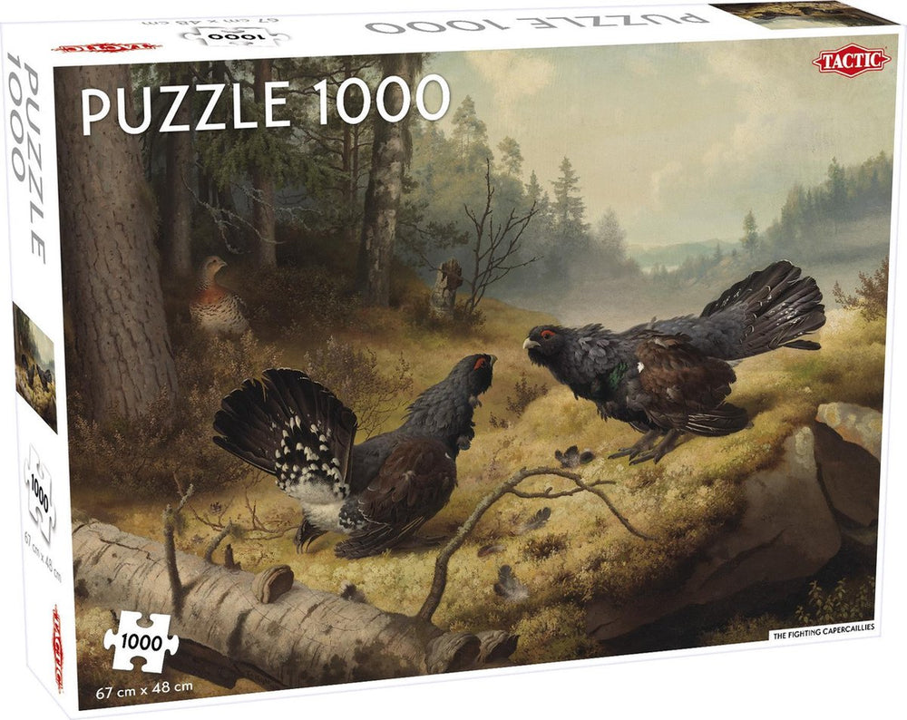 Tactic fighting capercailles – puzzel – 1000 stukjes – dynamische natuurillustratie – strak en rustgevend ontwerp – hoogwaardige scandinavische kwaliteit