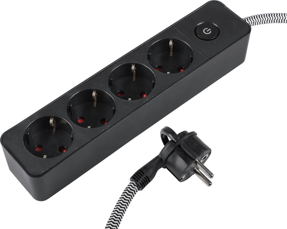 Q-link stekkerdoos - 4-voudig - plat - randaarde - 3 x 1.5 mmâ² - 1.5 m - textiel - zwart