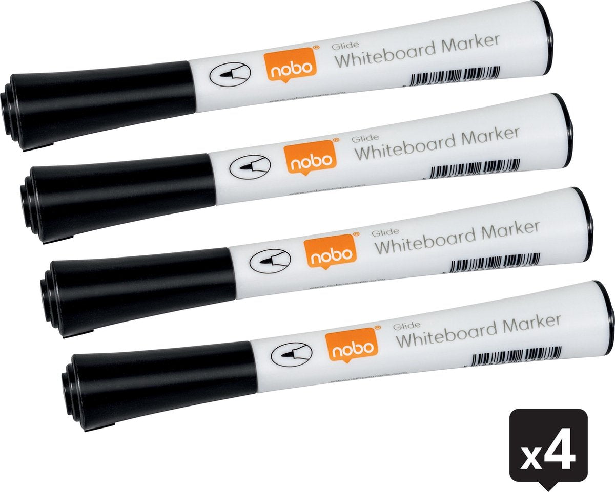 Nobo glide whiteboard markers met fijne punt - pak van 4 stuks - zwart