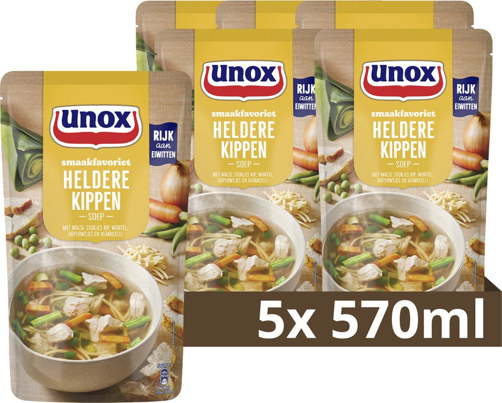 Unox - soep in zak - heldere kippensoep - met malse stukjes kip, wortel, doperwtjes en vermicelli - 5 zakken x 570 ml