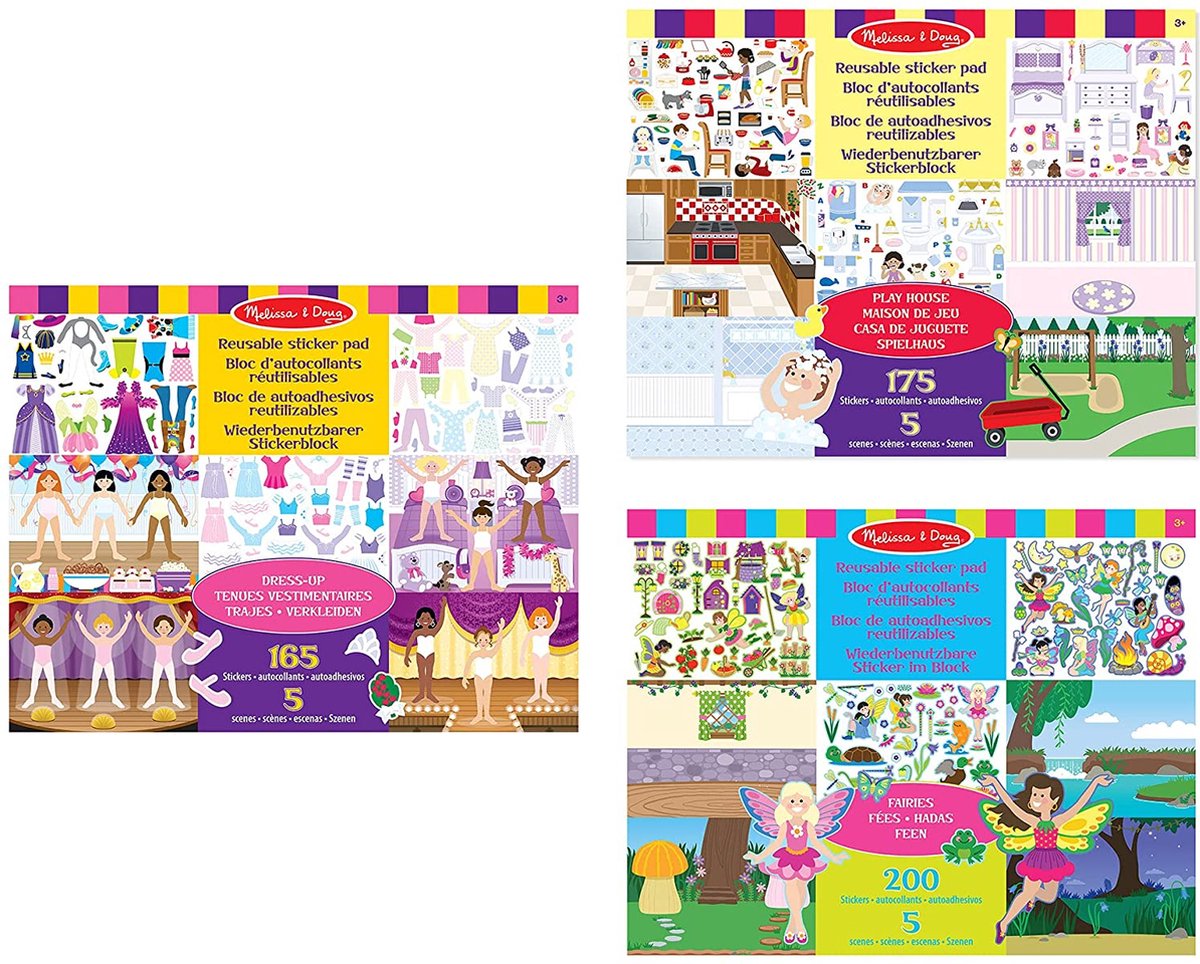 Melissa doug - bundel van 3 herbruikbare sticker pads - verkleed-, feeën- en speelhuis | 3+ | cadeau voor jongen of meisje