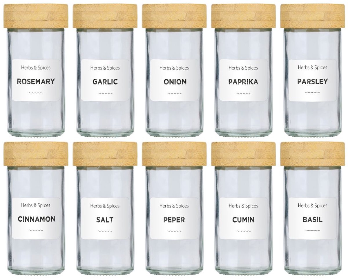 Alpina kruidenpotjes set van 12 - inclusief kruiden stickers en strooideksels - glazen potjes met deksel - keuken organizers - bamboe