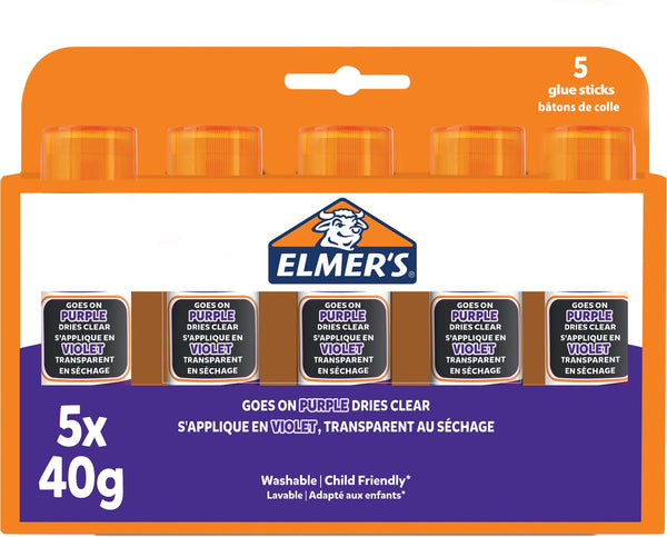 Elmer's -lijmstiften met verdwijnende paarse lijm | droogt kleurloos op | geweldig voor knutselen en op school | uitwasbaar en kindvriendelijk | 40 g | 5 stuks