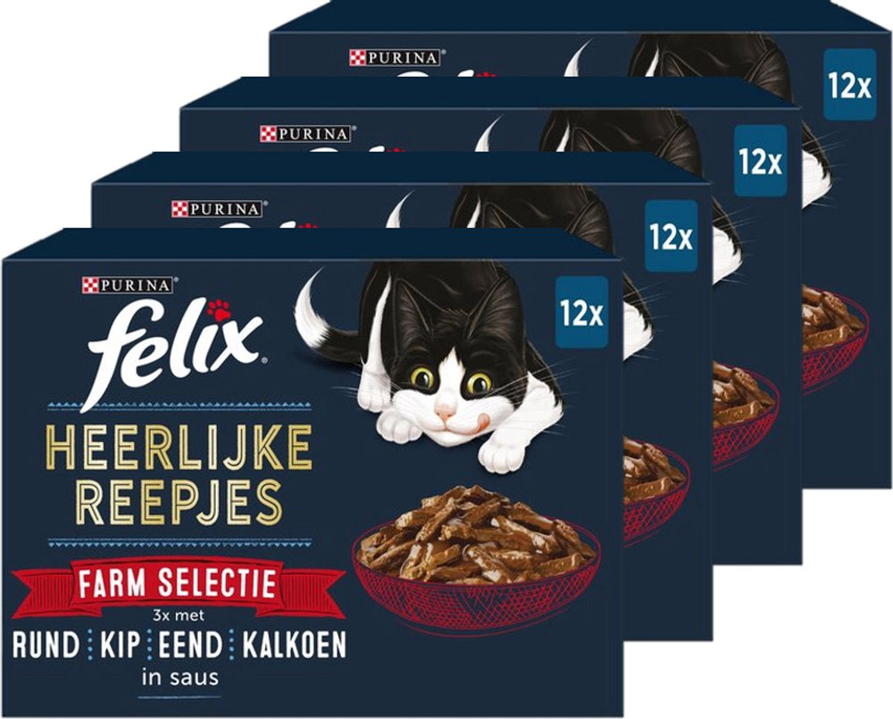 Felix heerlijke reepjes farm selectie - kattenvoer natvoer - rund kip eend kalkoen - 48 x 80 g