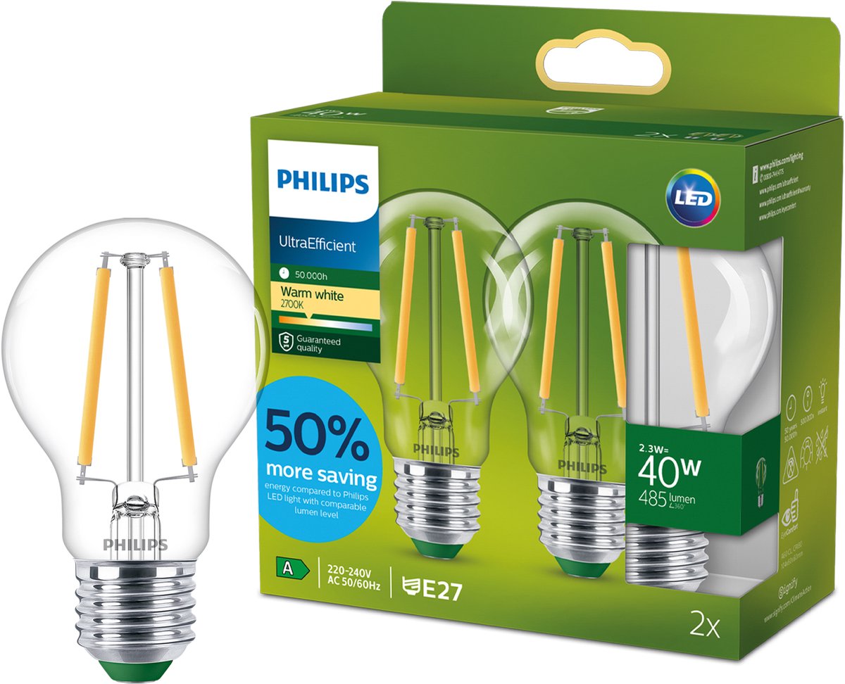 Philips led philips ultraefficient led lamp - 40w - e27 fitting - warmwit licht: 2700k - dimbaar - helder glas - a60 lampvorm - lange levensduur