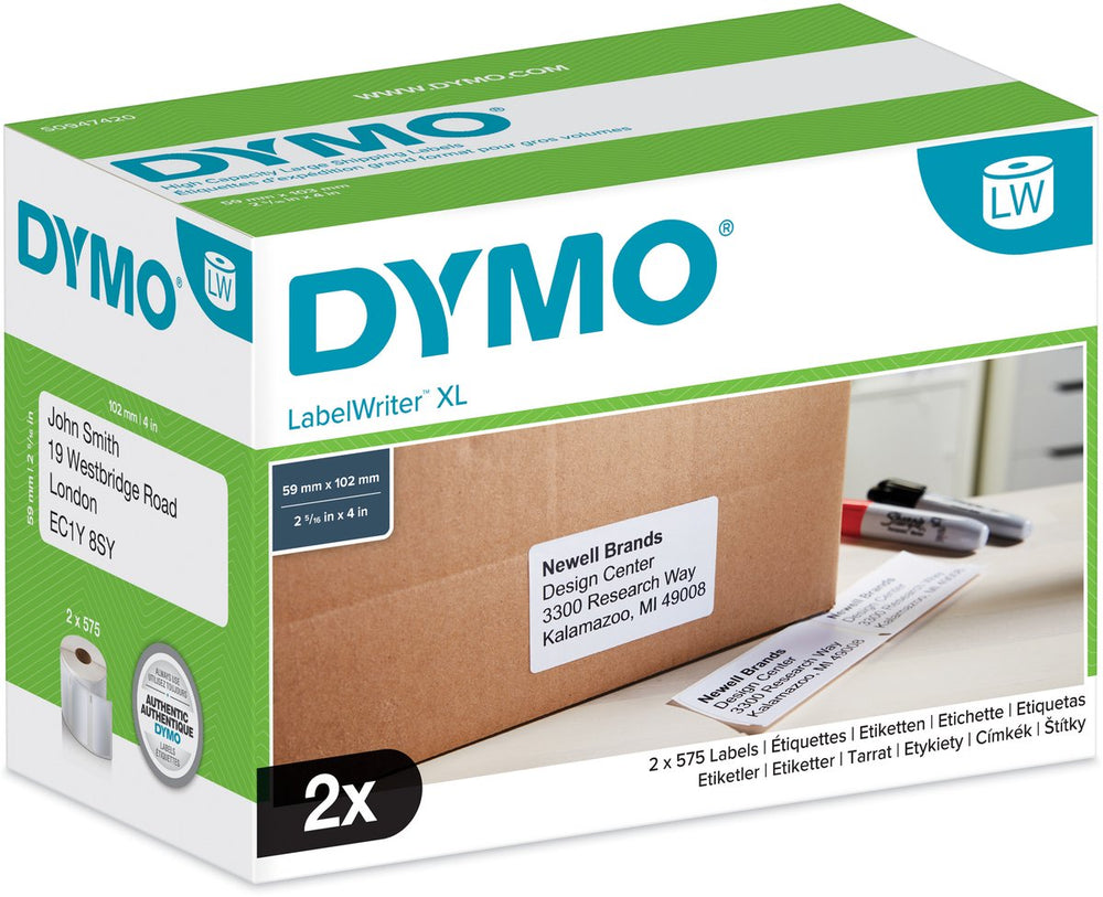 Dymo originele labelwriter verzendlabels voor hoge capaciteit | 59 mm x 102 mm | 2 rollen eenvoudig los te maken labels (1150 postlabels) | zelfklevende etiketten voor de labelwriter 4xl 5xl labelprinters