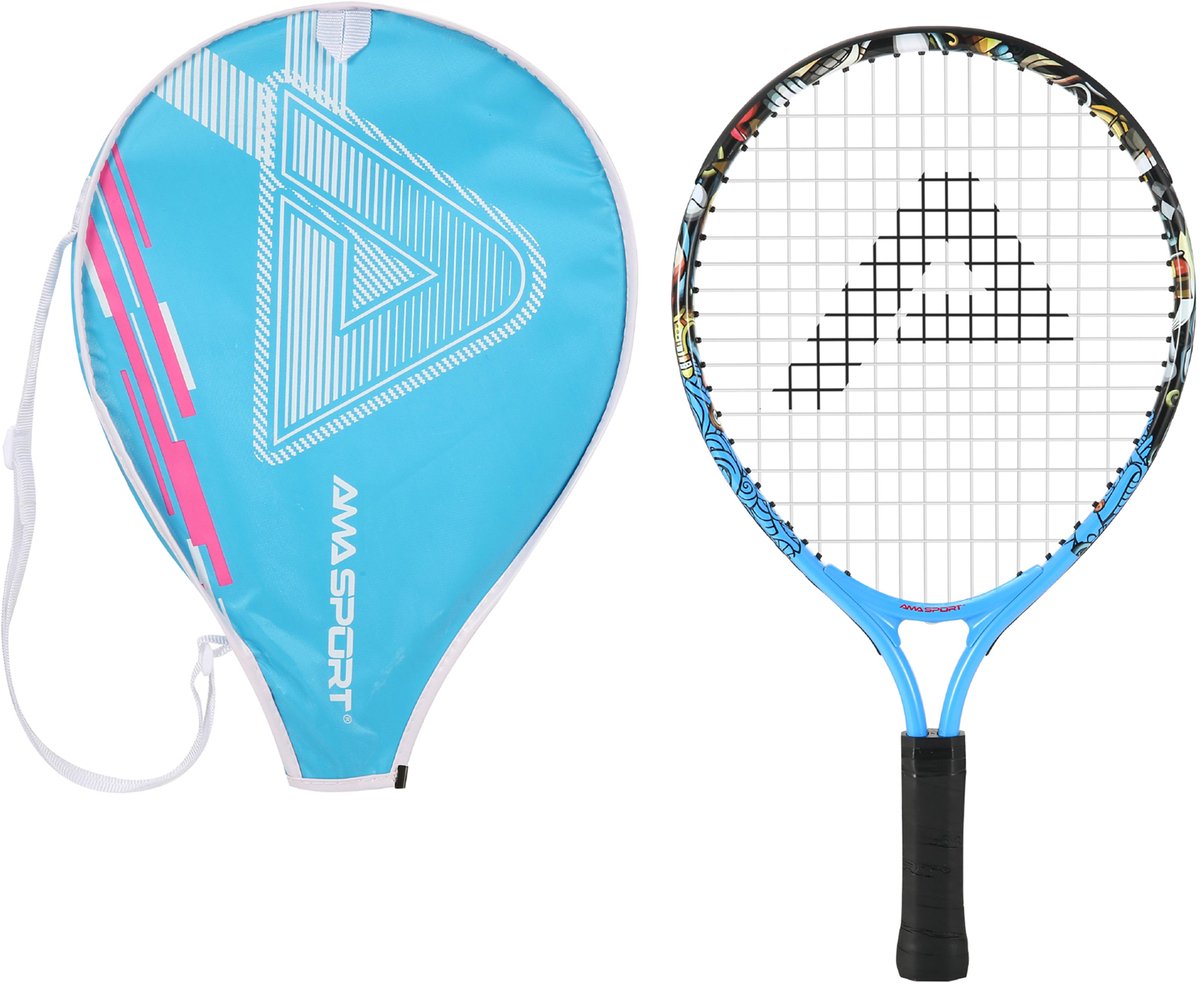 Ama sport kinder tennisracket graffiti blauw 19 inch – lichtgewicht junior racket met tas – ideaal voor beginners –