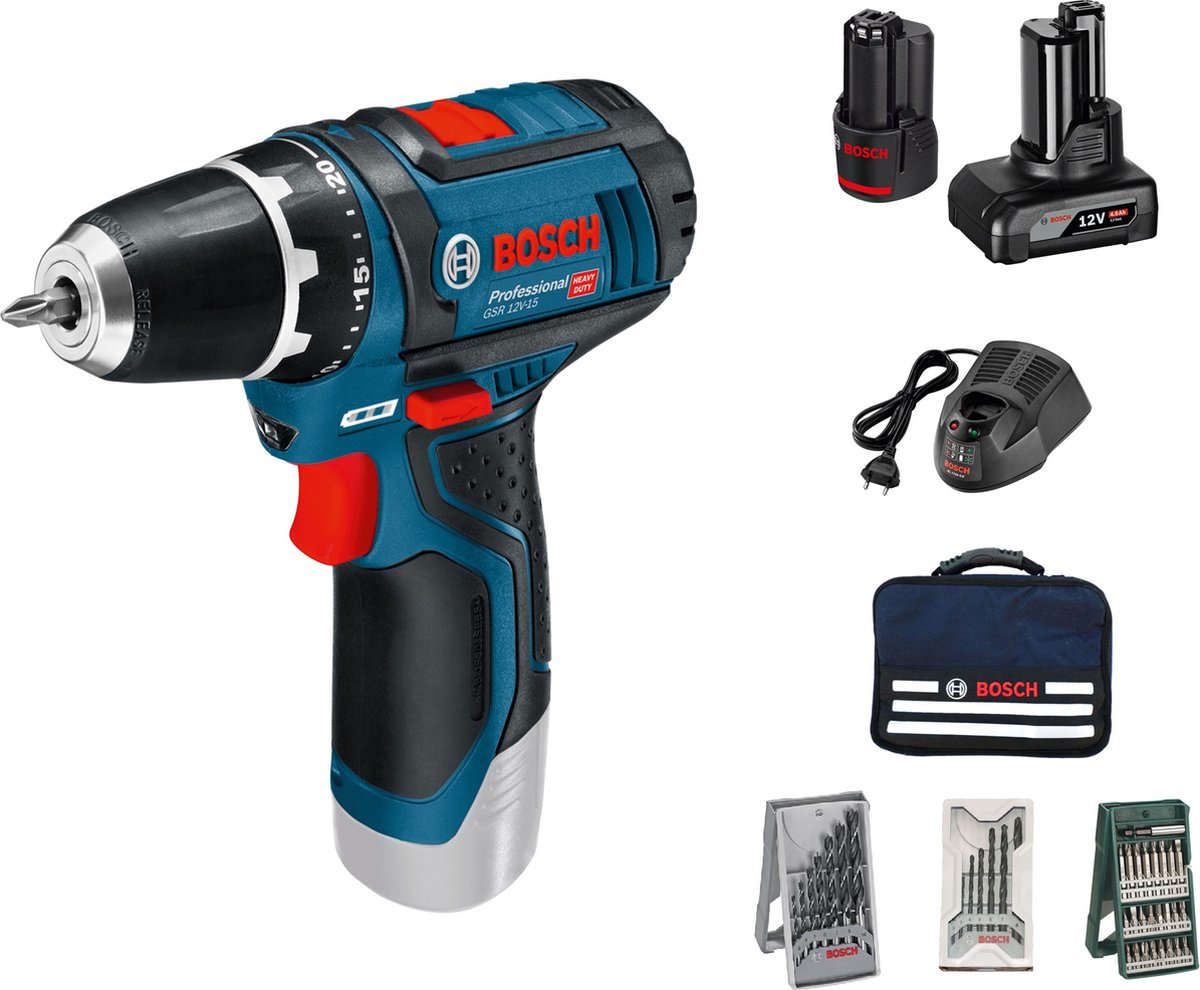 Bosch accu schroefboormachine gsr 12v-15 1x 2,0ah, 1x 4,0ah, lader gal 12v-20