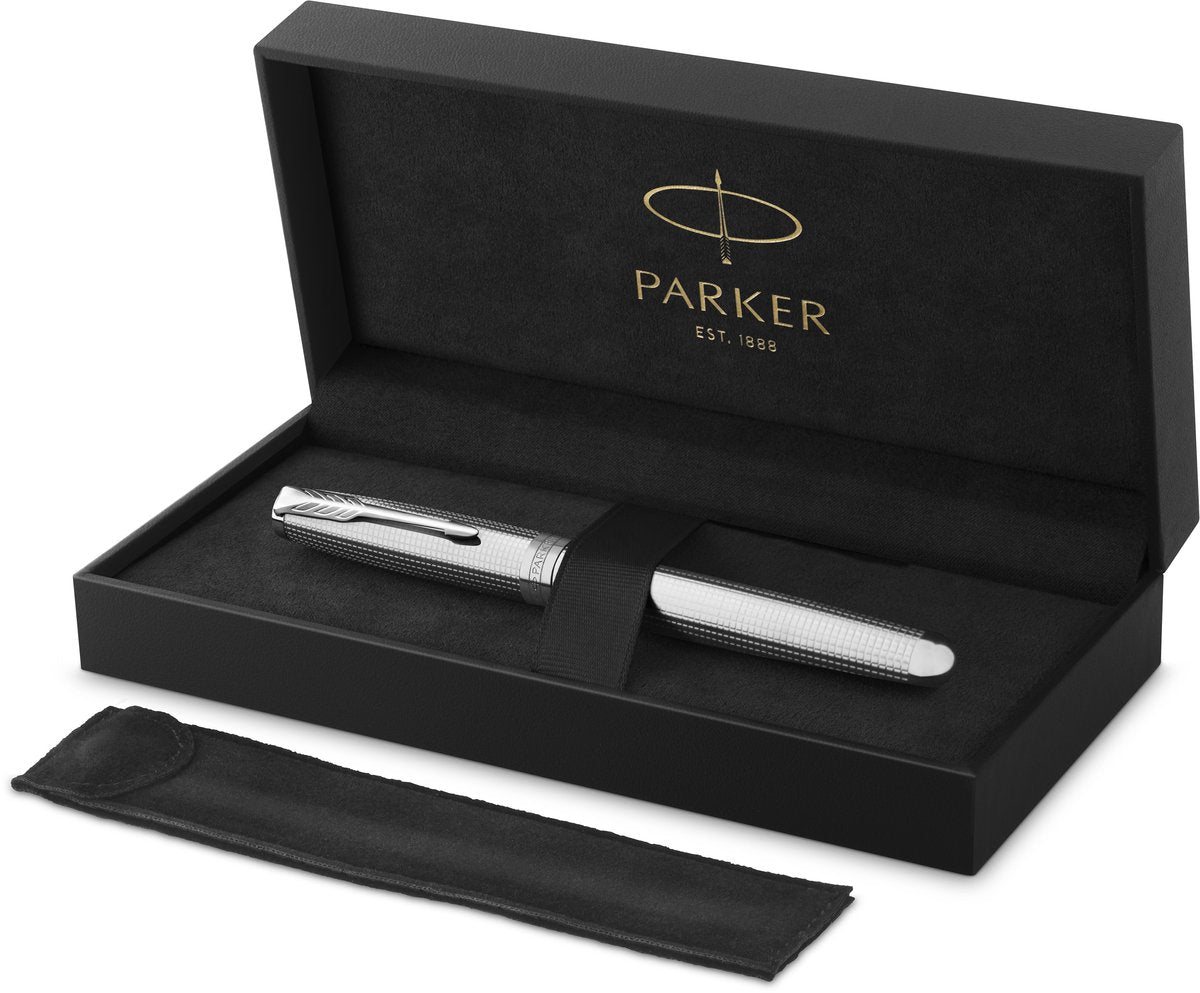 Parker sonnet ciselé special edition vulpen, dop, huls en detail met palladium afwerking, fijne, 18k massief gouden penpunt, zwarte inkt en converter