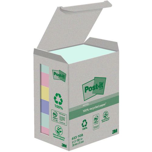 Post-it sticky notes recycled 38 x 51 pk 6 karton kleurenassortiment