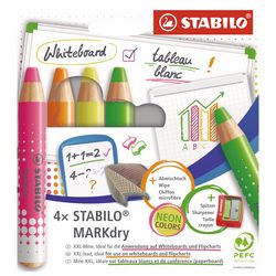 Stabilo markdry neon set van 4 whiteboard potloden, puntenslijper en reinigingsdoekje