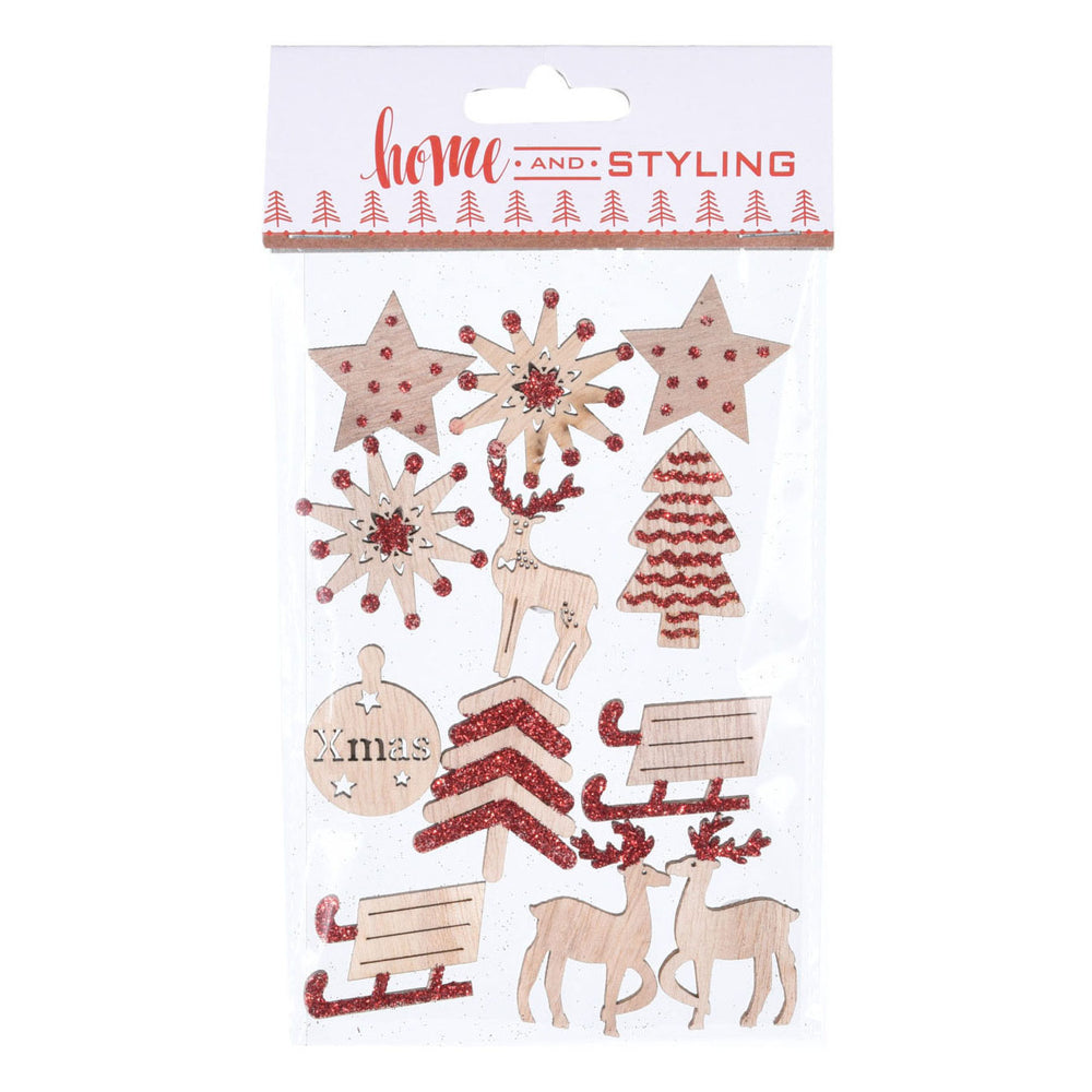 Houten kerststickers met glitters, 12st.