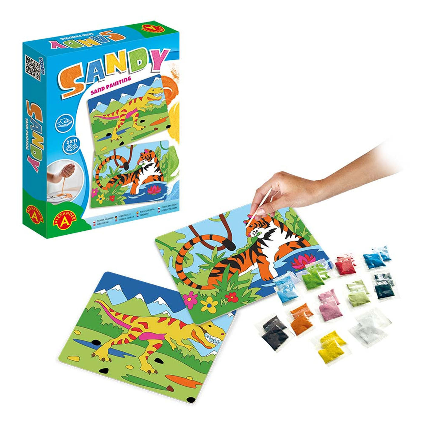 Zandzandschilderij Dinosaurus en Tijger