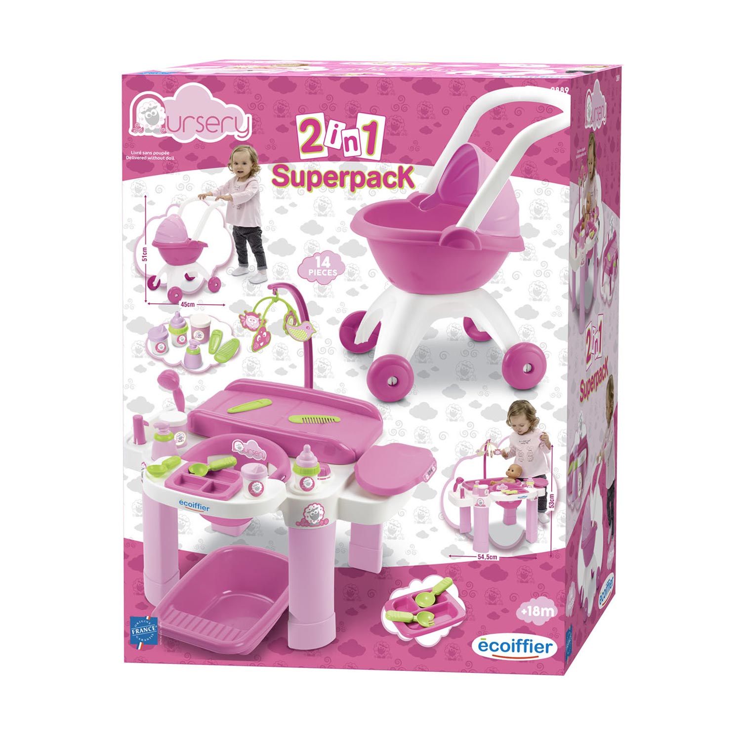 Ecoiffier ecoffier verzorgingsset met poppenwagen