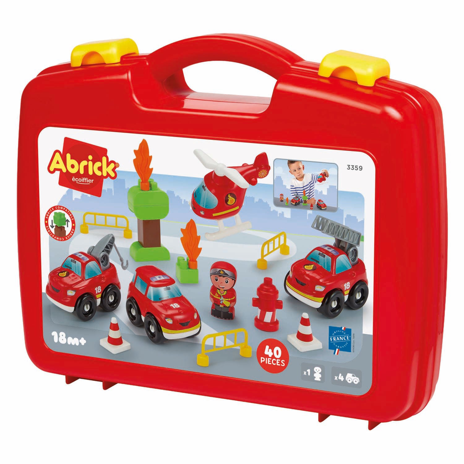 Ecoiffier abrick koffer met brandweerwagens - 40dlg.