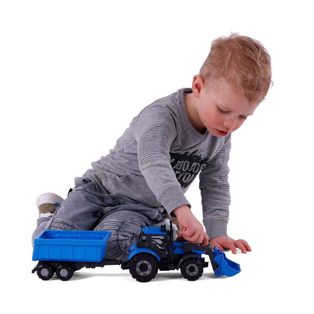 Cavallino tractor met lader en aanhang kiepwagen blauw, schaal 1:32