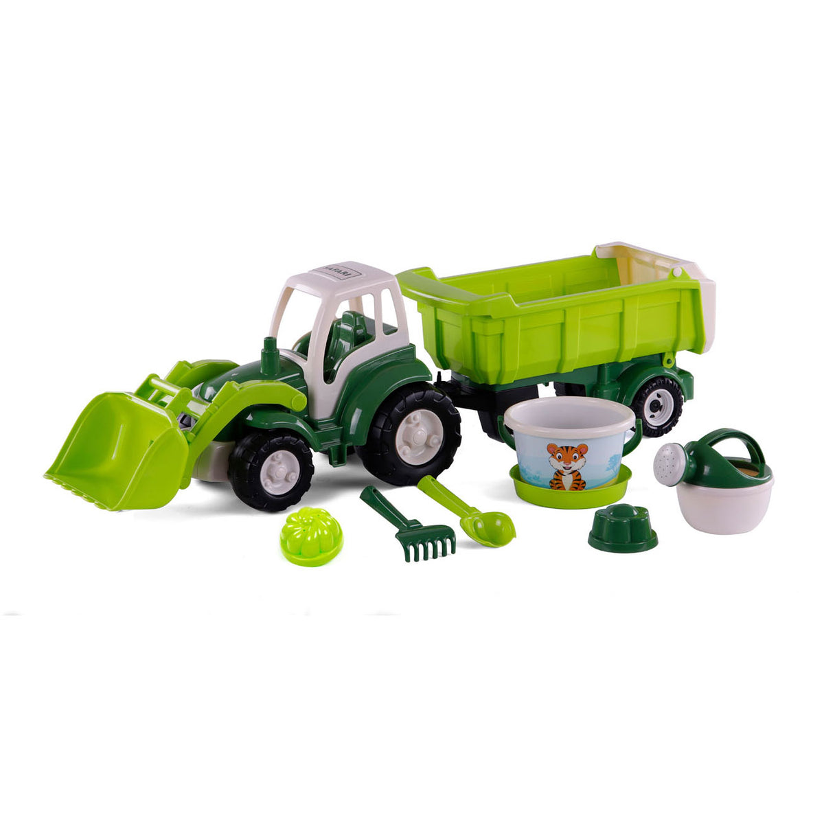 Cavallino XL tractor green with tipping trailer and bucket set, 9-piece.