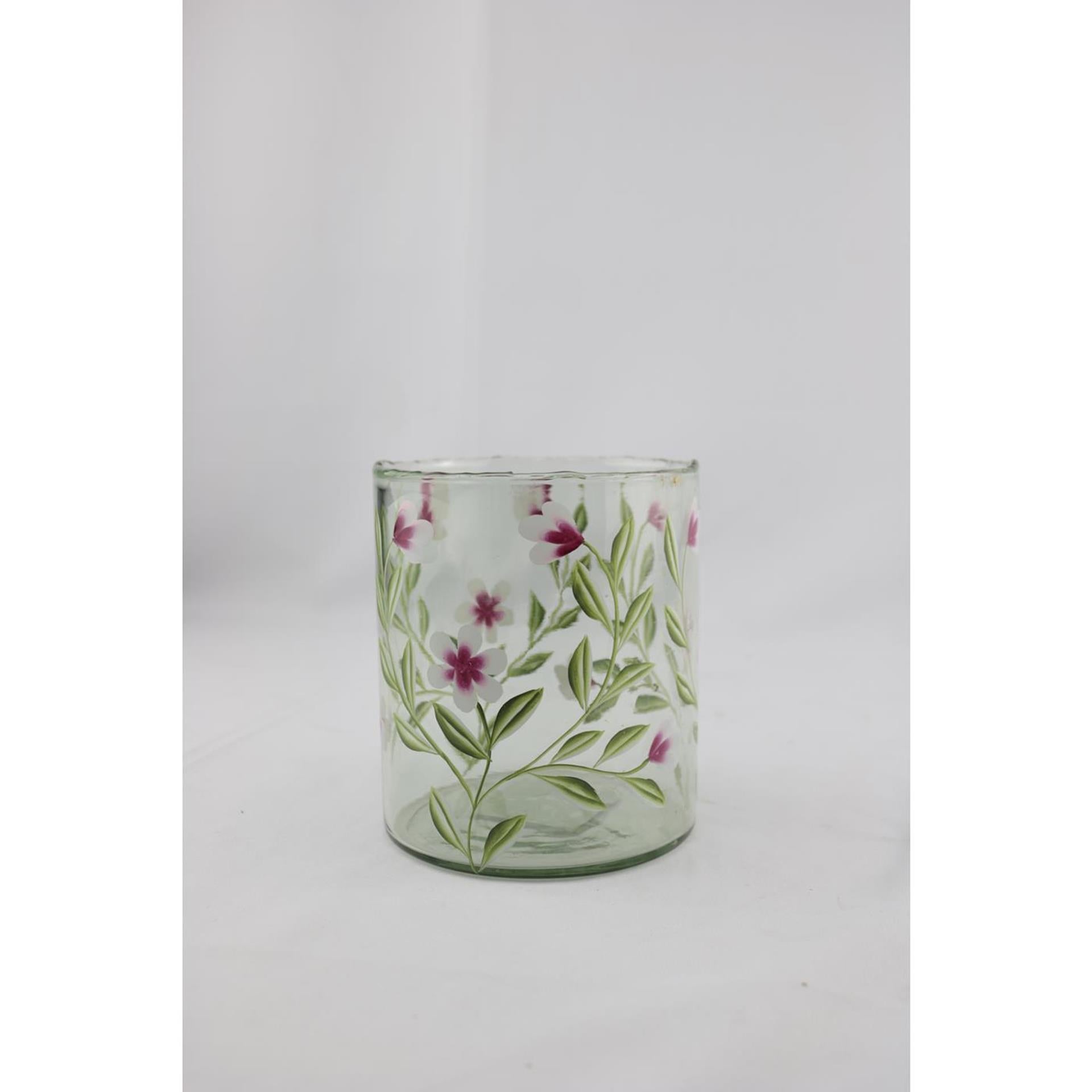 Mansion atmosphere vaas glas met roze bloemen 13x13x15cm