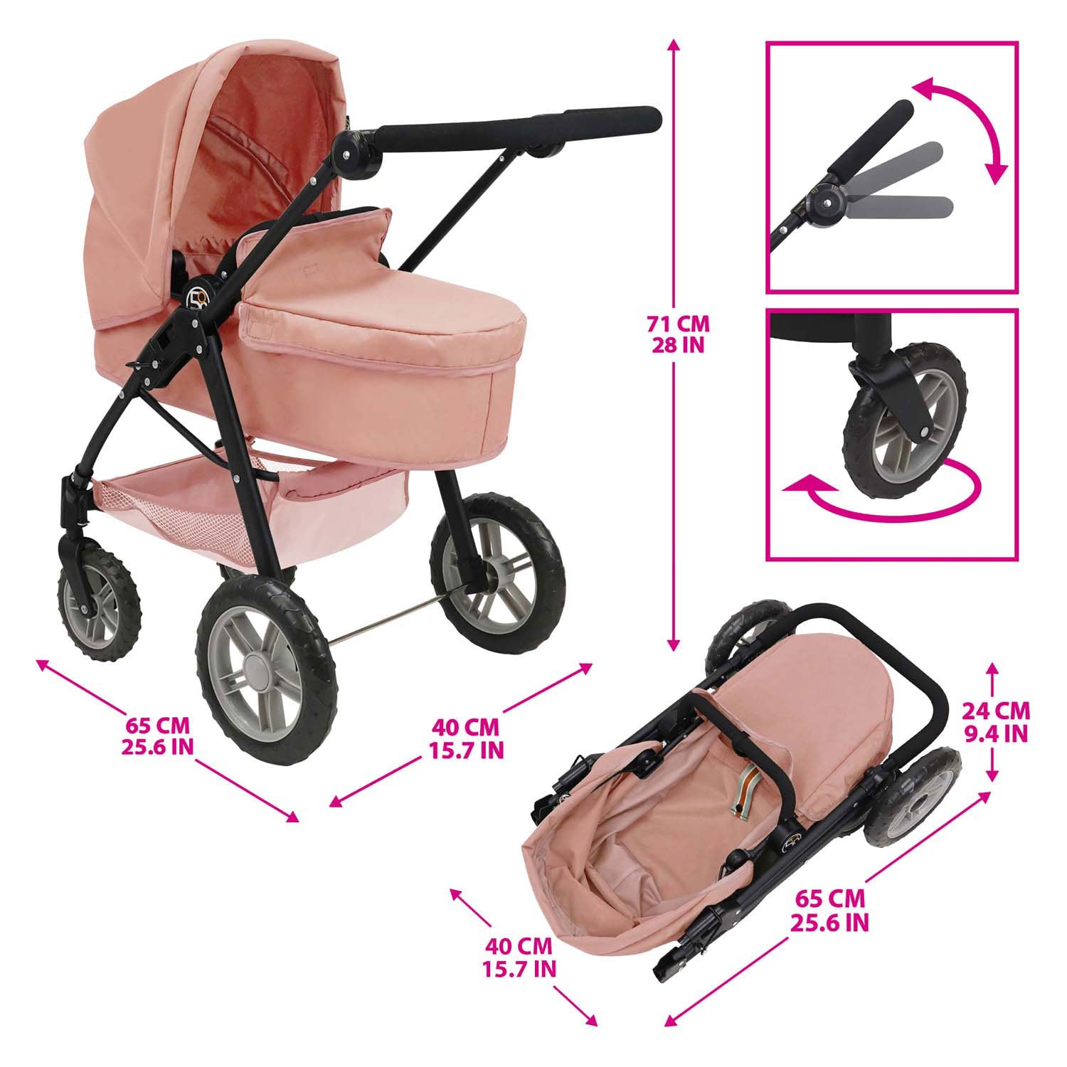 2-in-1 poppenwagen - roze