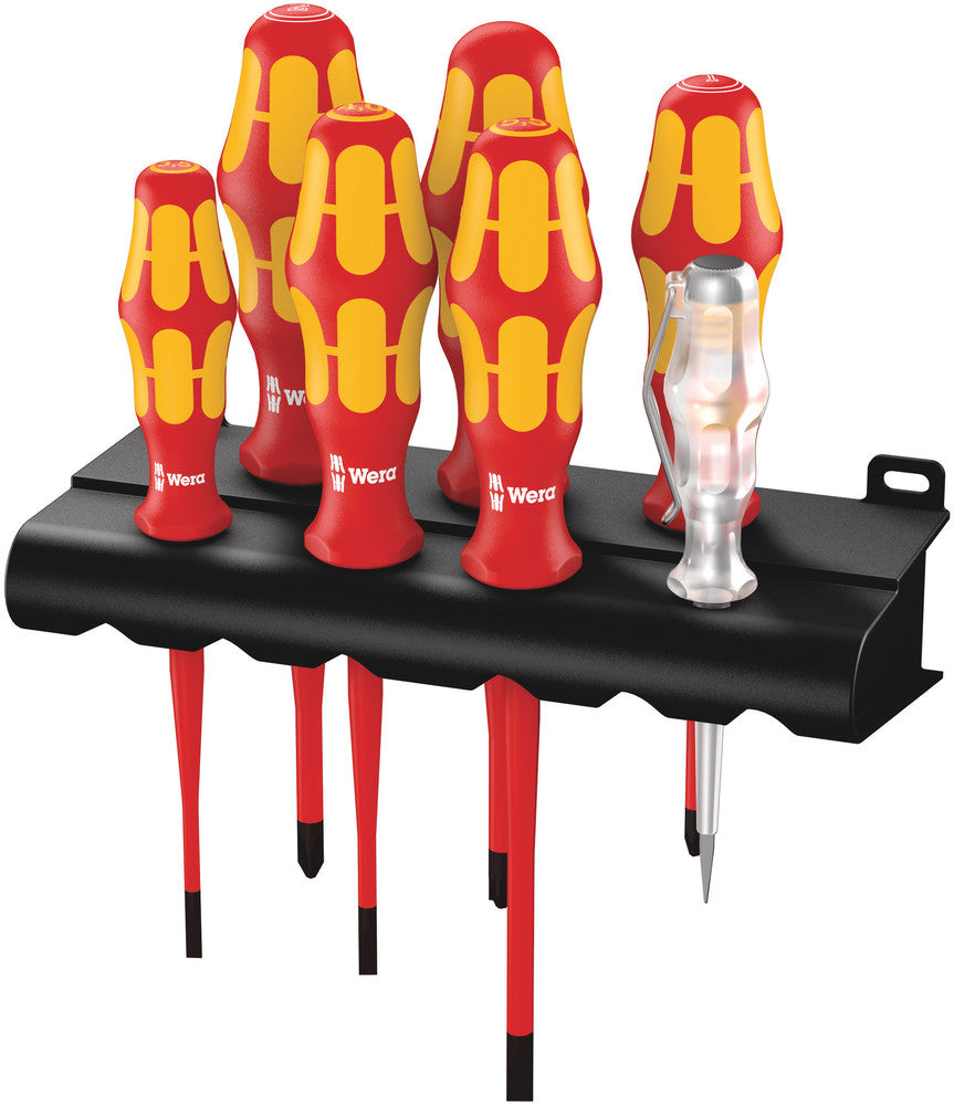 Wera 160 is 7 schroevendraaierset kraftform plus serie 100 (rood geel, eenpolige fasetester, houder, 7‑delig)