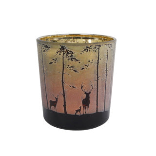 Diversen theelichthouder bos met afbeelding hert in bos groen rood glas 7,5x7,5x8cm