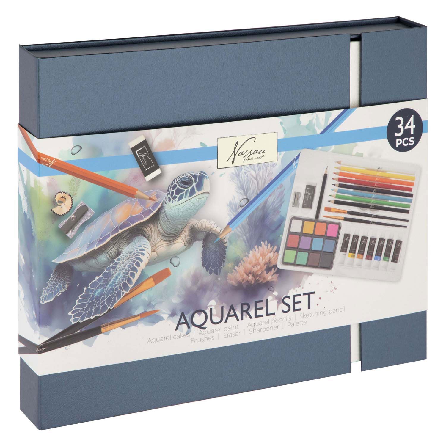 Creatieve knutselgroep aquarel kunstset 34 stukjes in kartonnen doos 27x22x3 cm