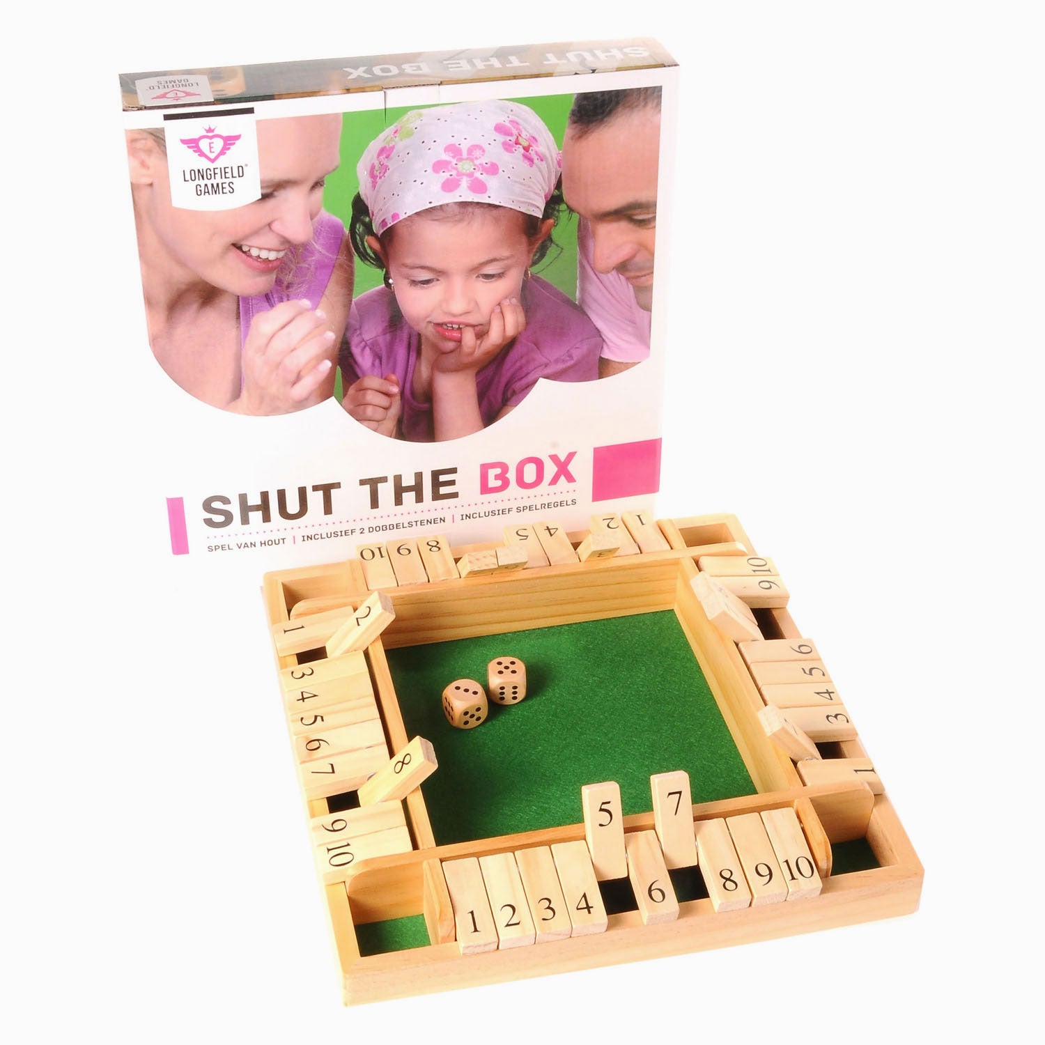 Shut the box houten dobbelspel, 4 spelers
