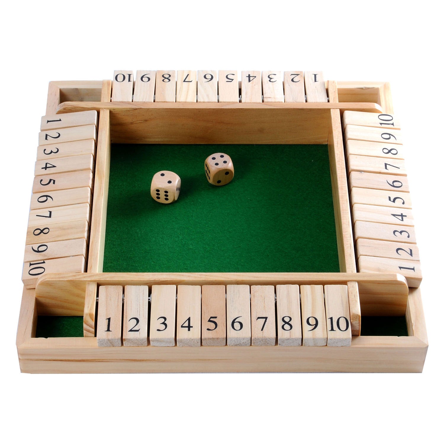 Longfield shut the box – 4 spelers – rubberhouten bak met ingelegd vilt – inclusief 8 houten dobbelstenen – bordspel 29 x 29 x 3,5 cm – strategisch familiespel – engelhart