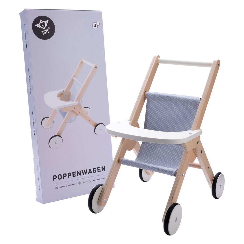 Houten poppenwandelwagen grijs blauw