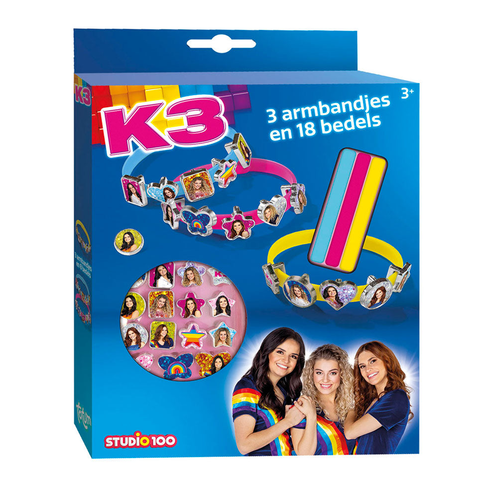 Totum k3 3 schuif armbandjes maken met 18 bedels - speelgoed meisjes vanaf 3 jaar - 21 delige set studio 100 meisjes