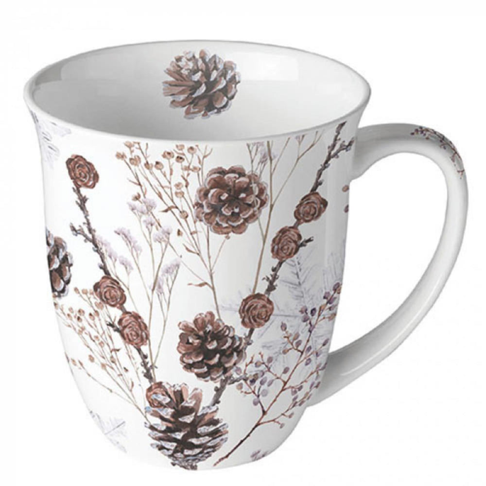 Ambiente mok 400ml pine cones wit porselein dia10x10,5cm