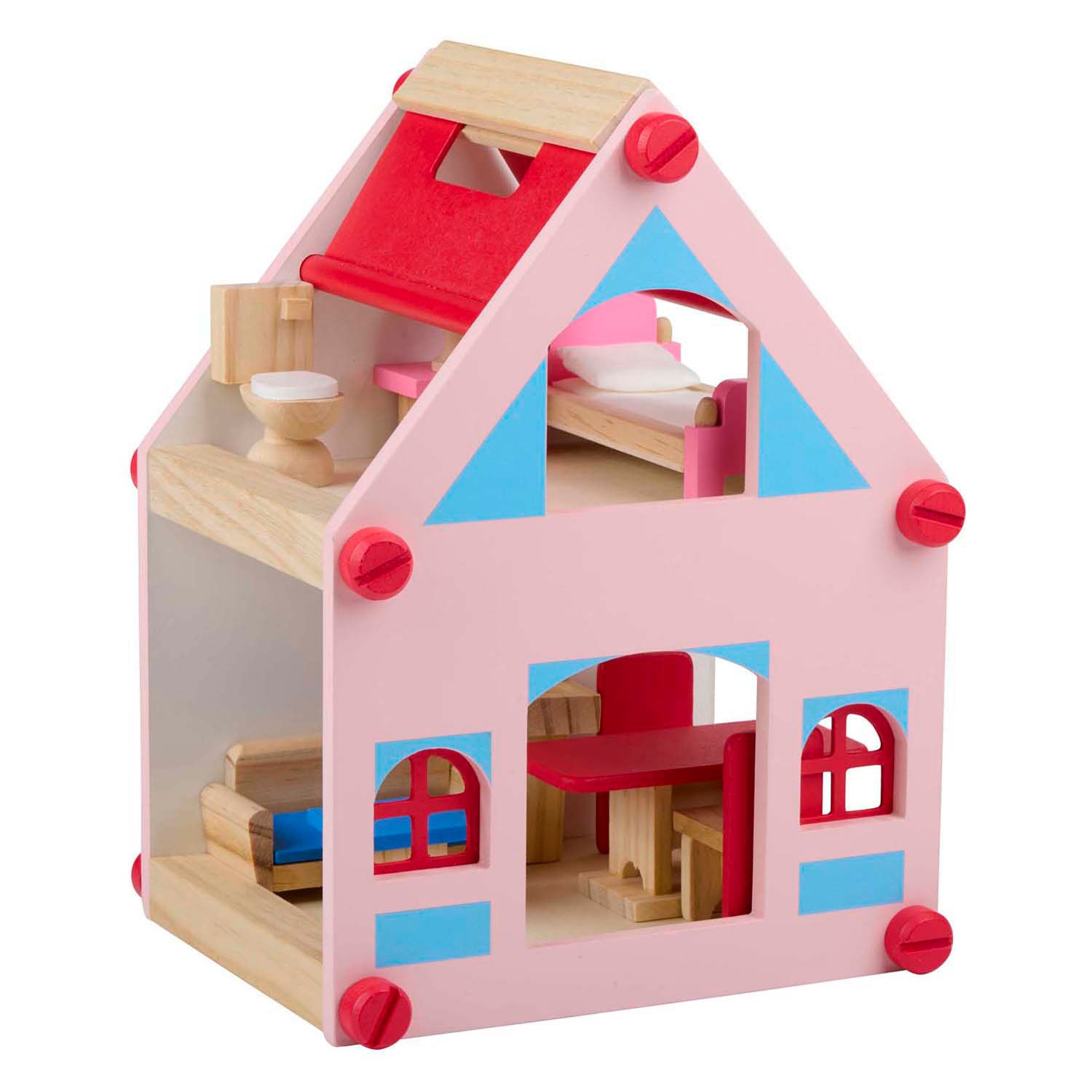 Houten poppenhuis met accessoires, 30dlg.