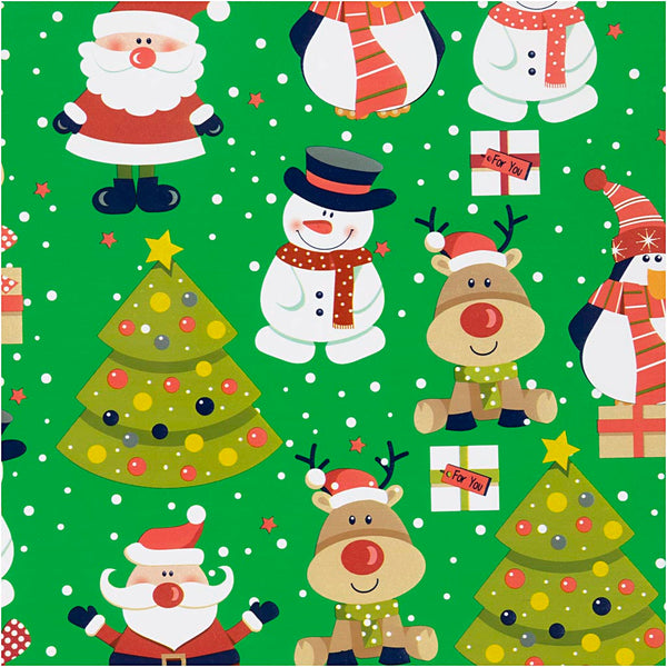 Creativ company inpakpapier, kerstman, kerstboom, kerstcadeau, rendier, sneeuwpop en pinguïn, b: 50 cm, 80 gr, groen, 5 m 1 rol