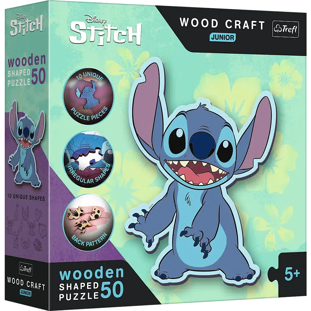 Disney trefl houten lilo-versterker; stitch junior puzzelbusje - 50 stukjes