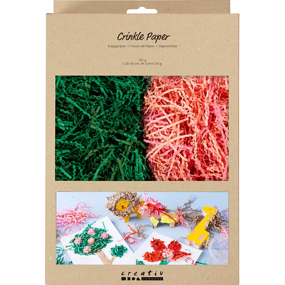 Crinkle papier, l: 25-30 cm, b: 3 mm, donkergroen, roze, 2x50 gr 1 doos