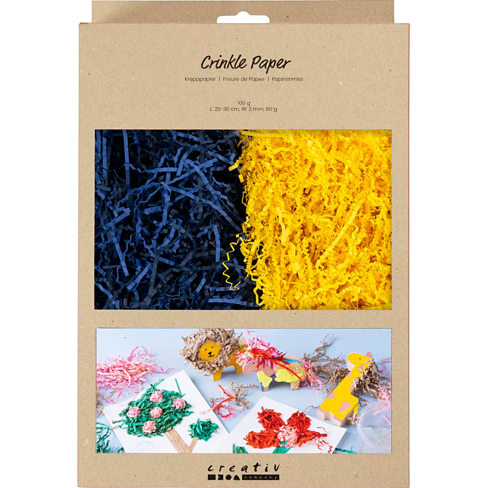 Crinkle papier, l: 25-30 cm, b: 3 mm, donkerblauw, geel, 2x50 gr 1 doos
