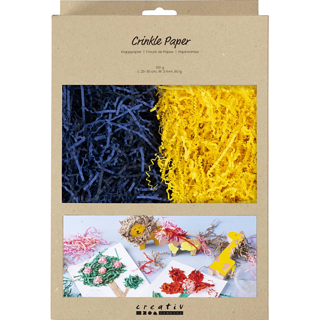 Crinkle papier, l: 25-30 cm, b: 3 mm, donkerblauw, geel, 2x50 gr 1 doos