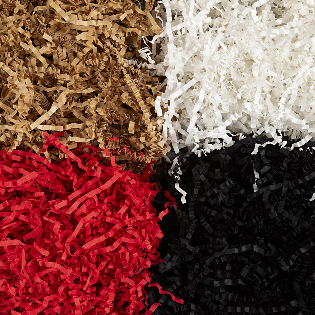 Crinkle papier, l: 25-30 cm, b: 3 mm, zwart, bruin, rood, wit, 4x50 gr 1 doos