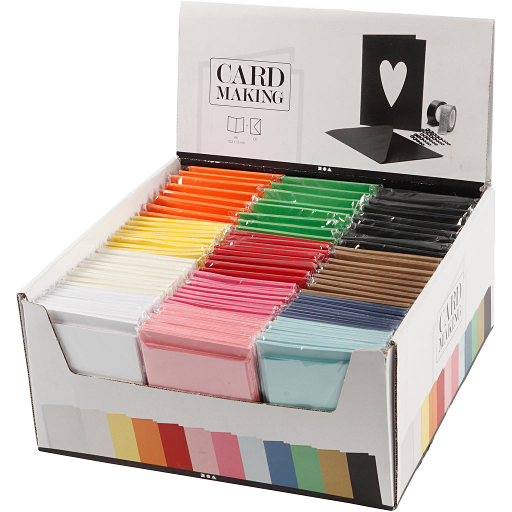 Kaarten en enveloppen, afmeting kaart 10,5x15 cm, afmeting envelop 11,5x16,5 cm, diverse kleuren, 12x10 doos 1 doos