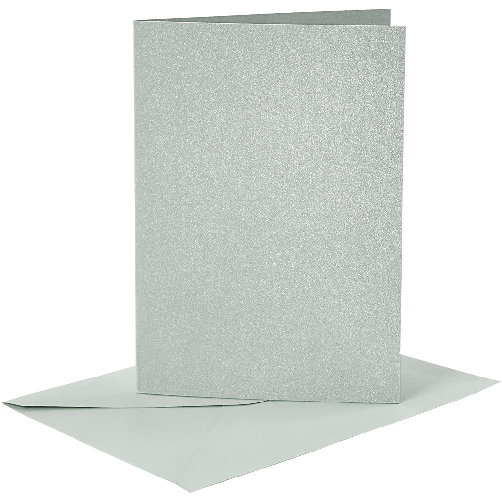 Kaarten en enveloppen, afmeting kaart 10,5x15 cm, afmeting envelop 11,5x16,5 cm, parelmoer, 120+210 gr, zilver, 4 set 1 doos