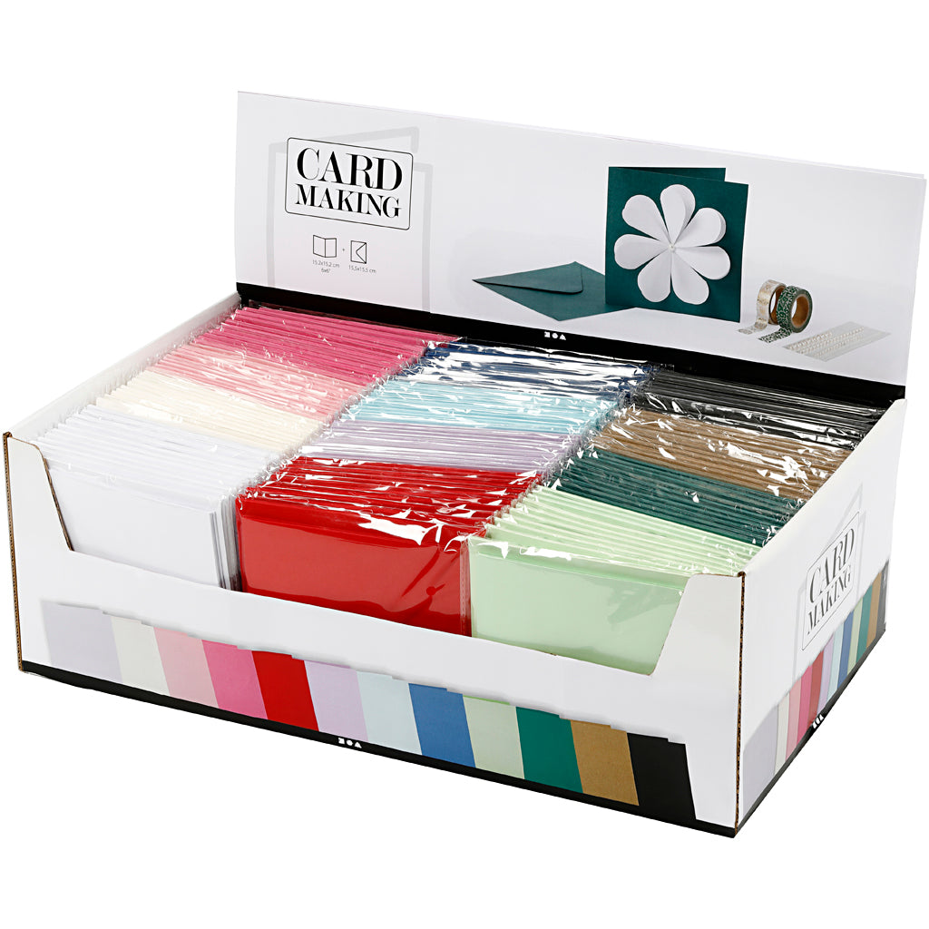 Kaarten en enveloppen, afmeting kaart 15,2x15,2 cm, afmeting envelop 16x16 cm, 230 gr, diverse kleuren, 12x10 doos 1 doos