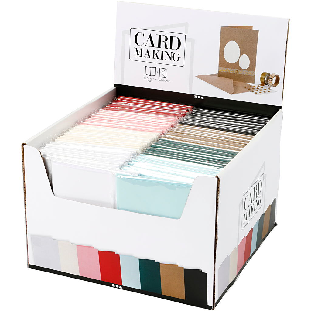 Kaarten en enveloppen, afmeting kaart 12,7x17,8 cm, afmeting envelop 13,3x18,5 cm, 230 gr, diverse kleuren, 8x10 doos 1 doos