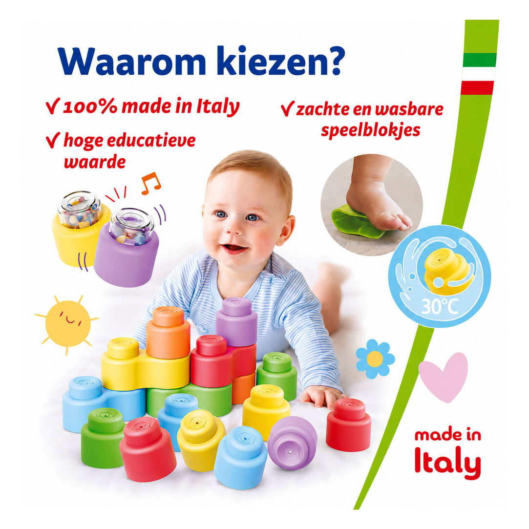 Quercetti bouwblokken baby speelgoed met geluid - 18 stuks.