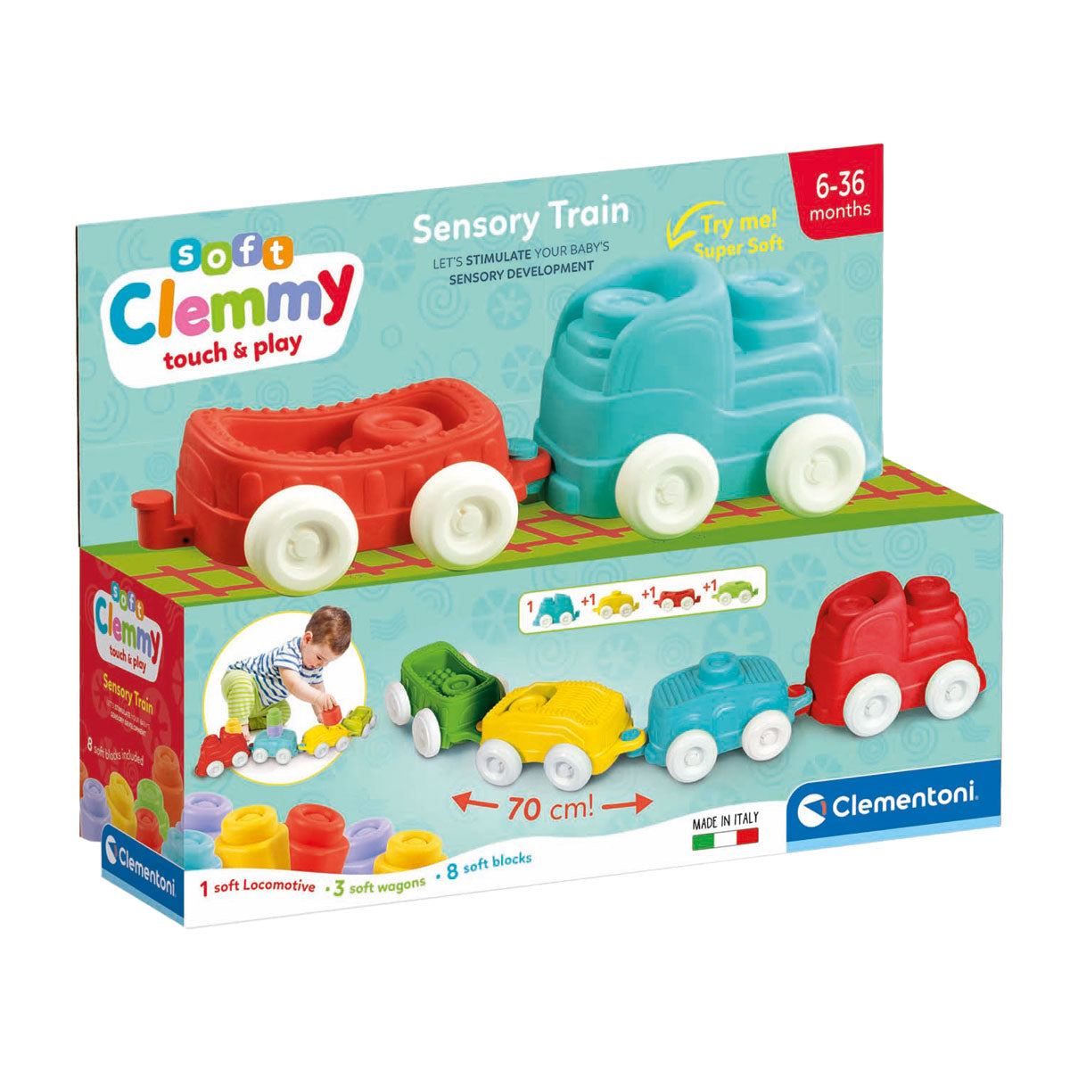 Clementoni baby - clemmy sensorische trein met zachte blokken, 12dlg.
