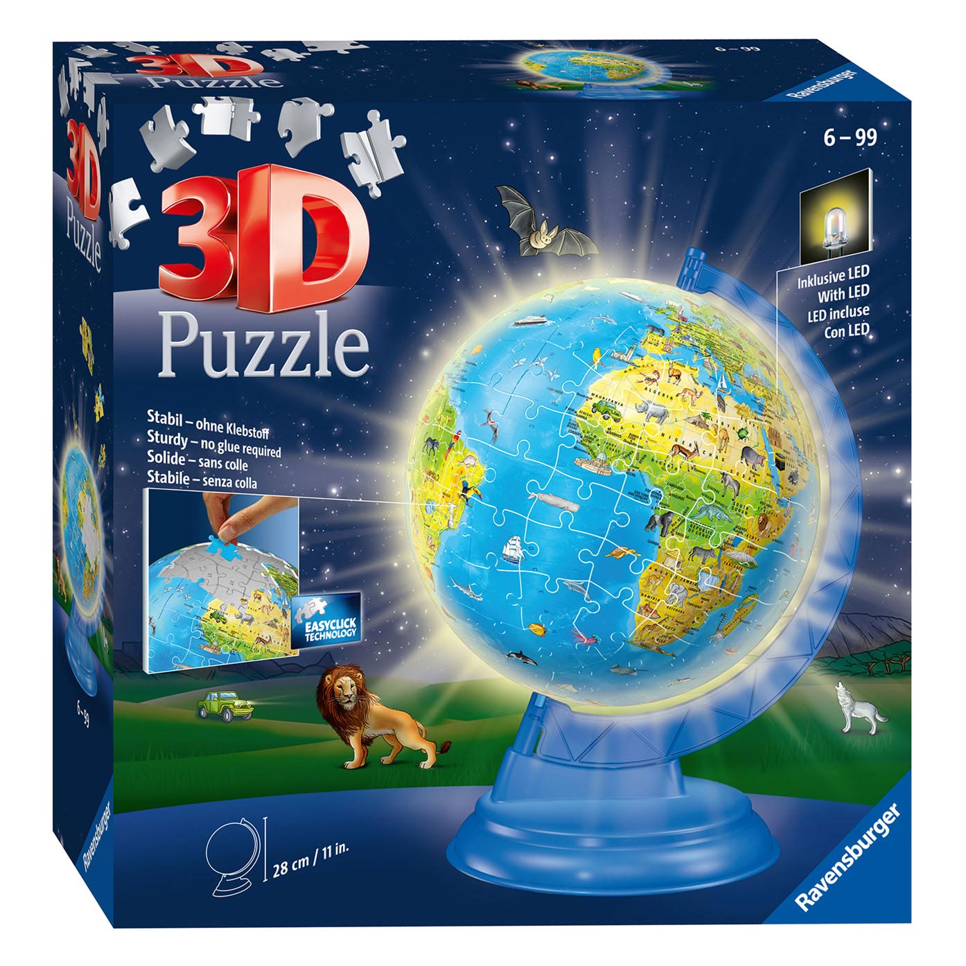 Ravensburger xxl kinder globe nachteditie engelstalig 3d puzzel, 180st.