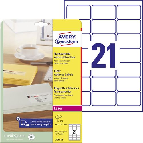 Adresetiketten avery zweckform l7560 63,5x38,1mm transparant