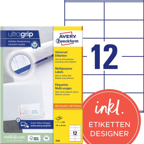 Avery universele etiketten zweckform 3424 105x48mm