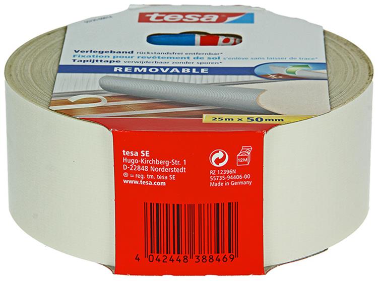 Tesa legtape dubbelzijdig stofversterkt verwijderbaar zonder resten – 25m x 50mm