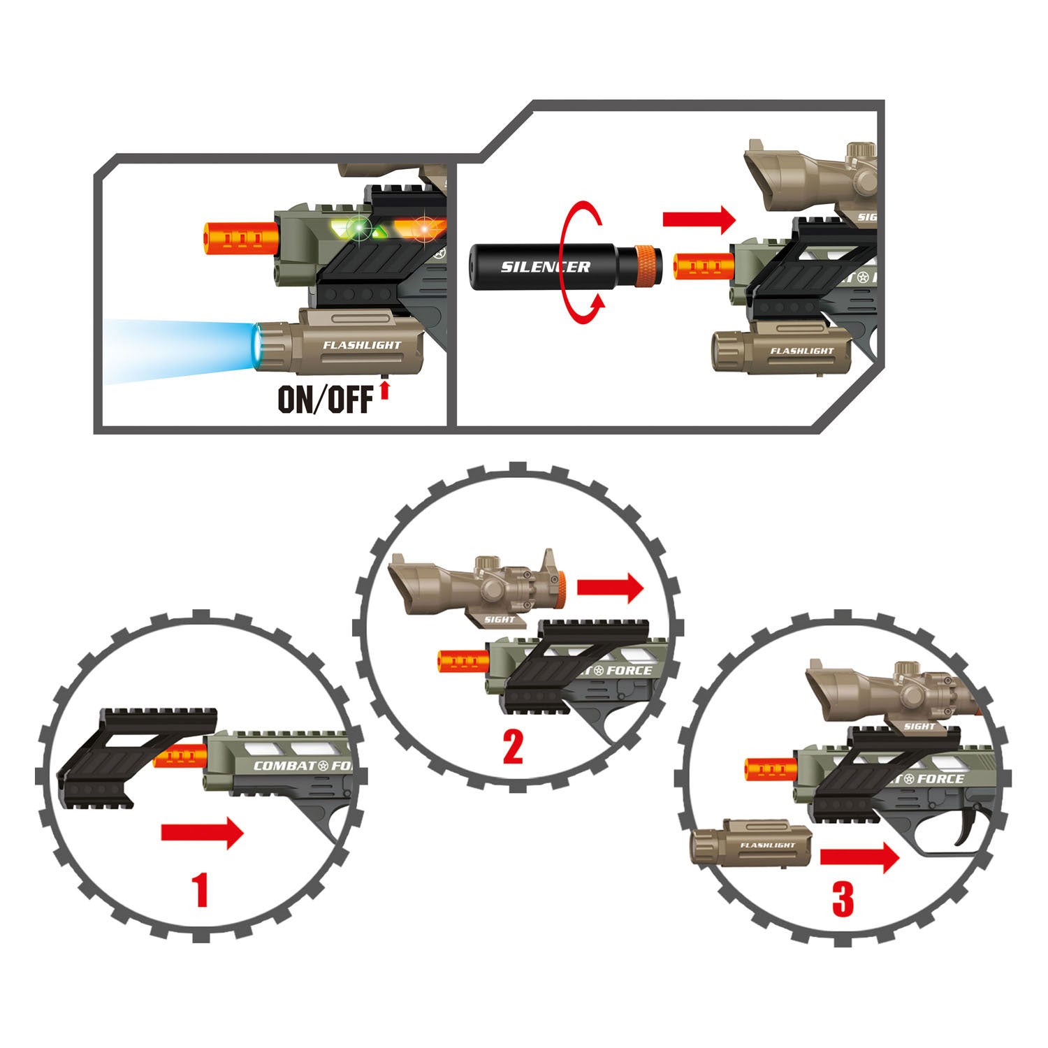 Toi-toys alfafox militair pistool met demper + zaklamp + licht en geluid