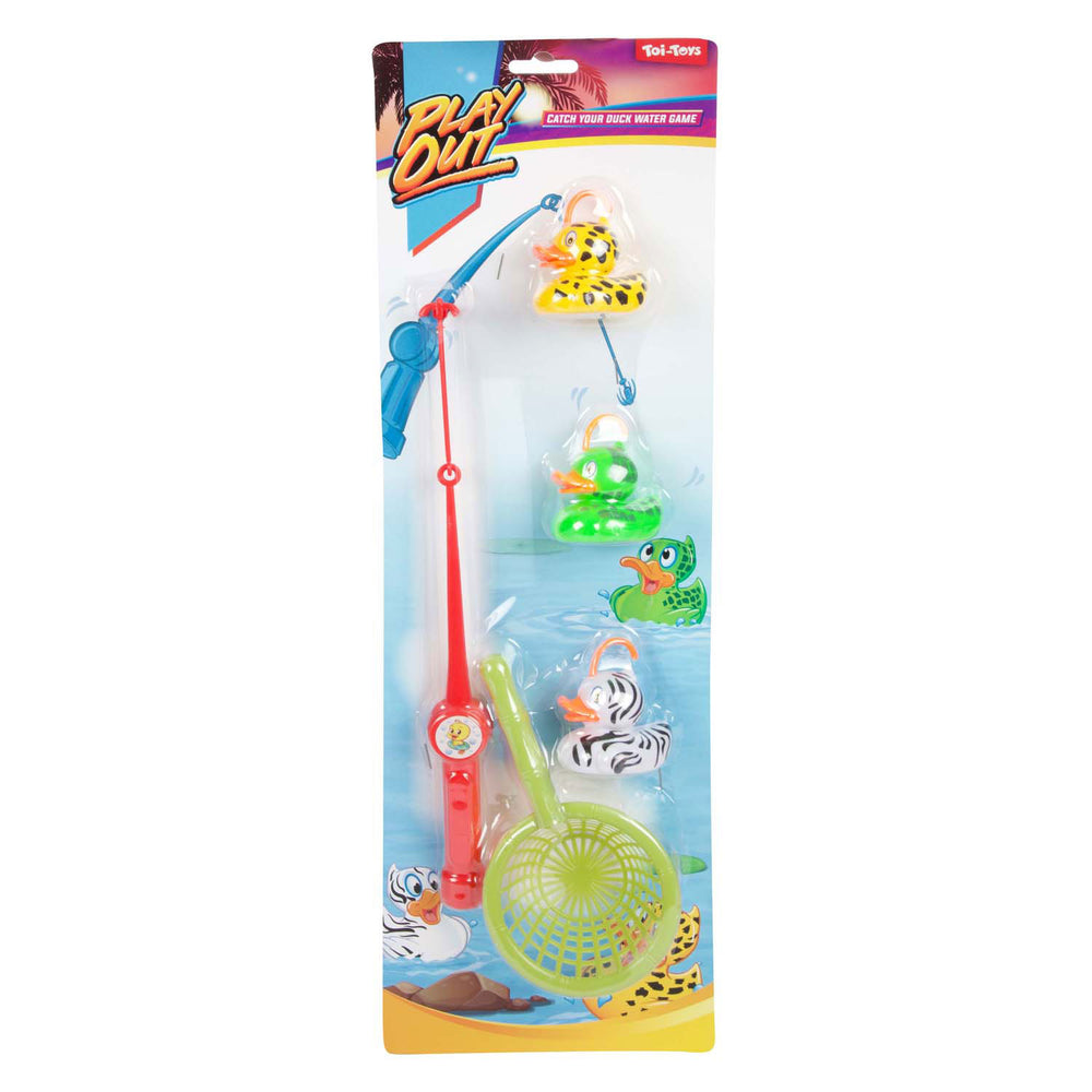 Toi-toys speelt visspel vang de eend met hengel en net